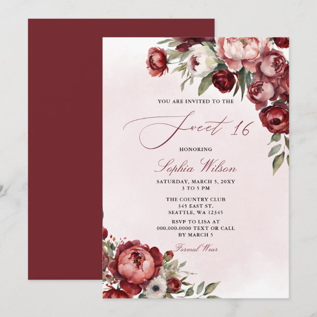 Elegant Modern Burgundy Blush Floral Sweet 16 Invitation (Front/Back)