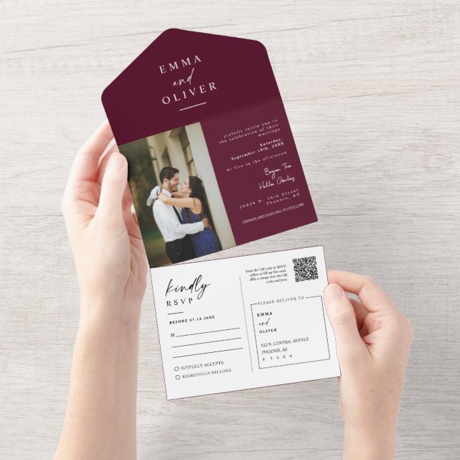 Elegant Modern Burgundy Boho QR Code Photo RSVP All In One Invitation (Tearaway)