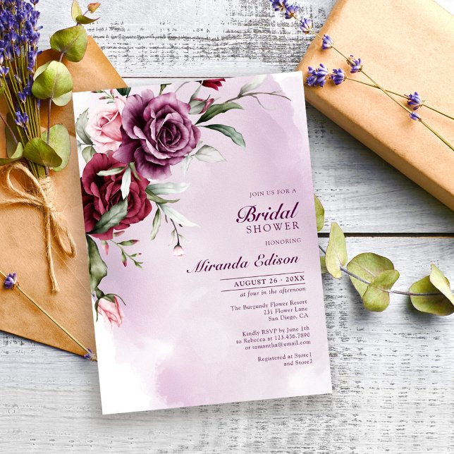 Elegant Modern Burgundy Floral Bridal Shower Invitation (Creator Uploaded)