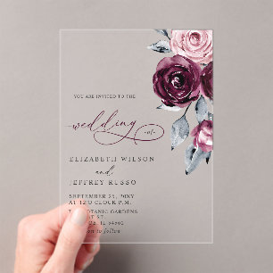 Elegant Modern Burgundy Floral Wedding Acrylic Invitations