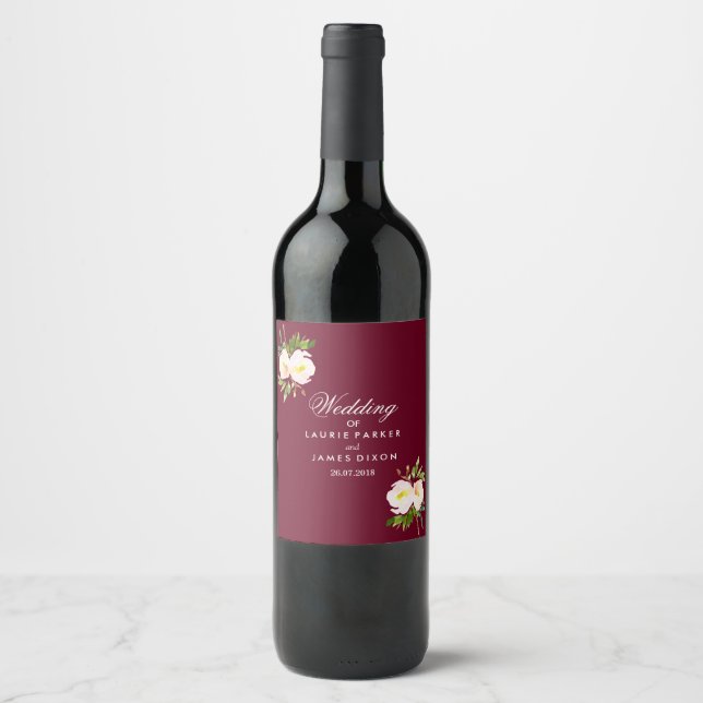 Elegant Modern Burgundy floral Wedding Wine Label (Front)