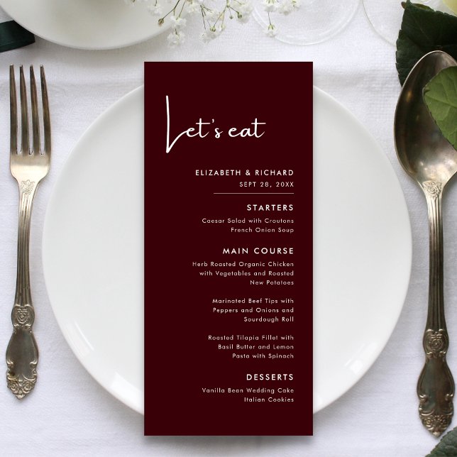 Elegant & Modern Burgundy Let's eat Wedding Menu (Creator Uploaded)