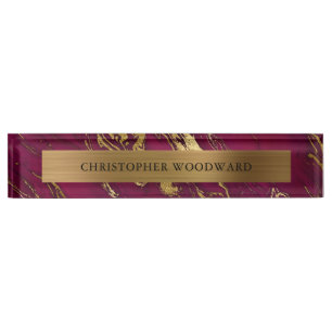 Elegant Modern Burgundy Marble Brushed Gold Foil Nameplate