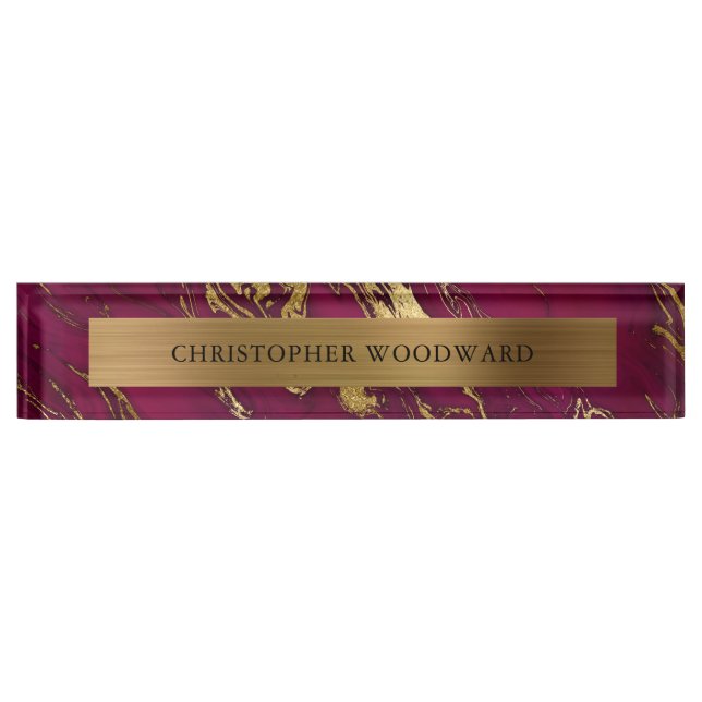 Elegant Modern Burgundy Marble Brushed Gold Foil Nameplate (Front)