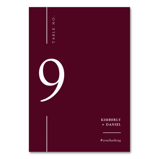 Elegant Modern Burgundy Minimalist Wedding Seating Table Number (Front)