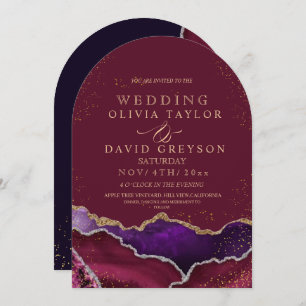 Elegant Modern burgundy purple gold Agate Wedding Invitation