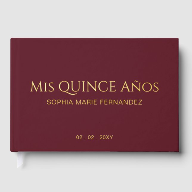 Elegant Modern Burgundy Quinceañera Guest Book (Front)
