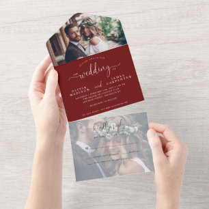 Elegant Modern Burgundy Red Script 2 Photo Wedding All In One Invitation