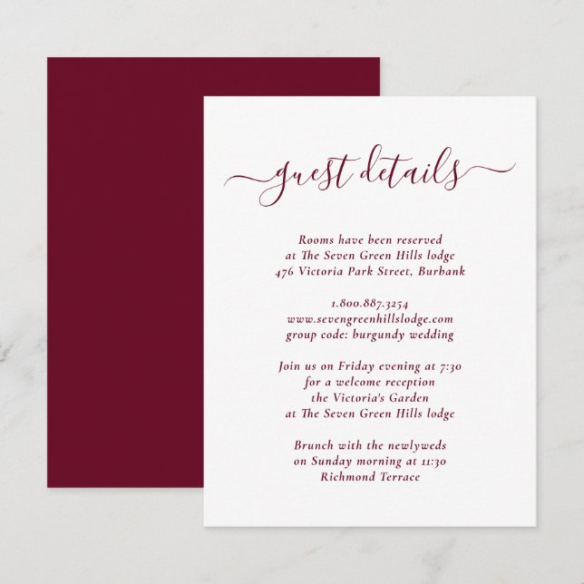 Elegant Modern Burgundy Wedding Details Enclosure Card (Front/Back)