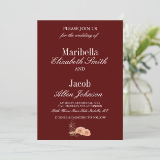 Elegant Modern Burgundy & White Rose Wedding Invitation