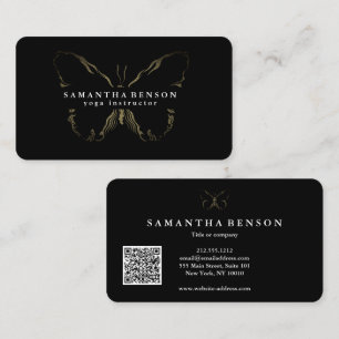Elegant Modern Butterfly black gold QR code script Business Card