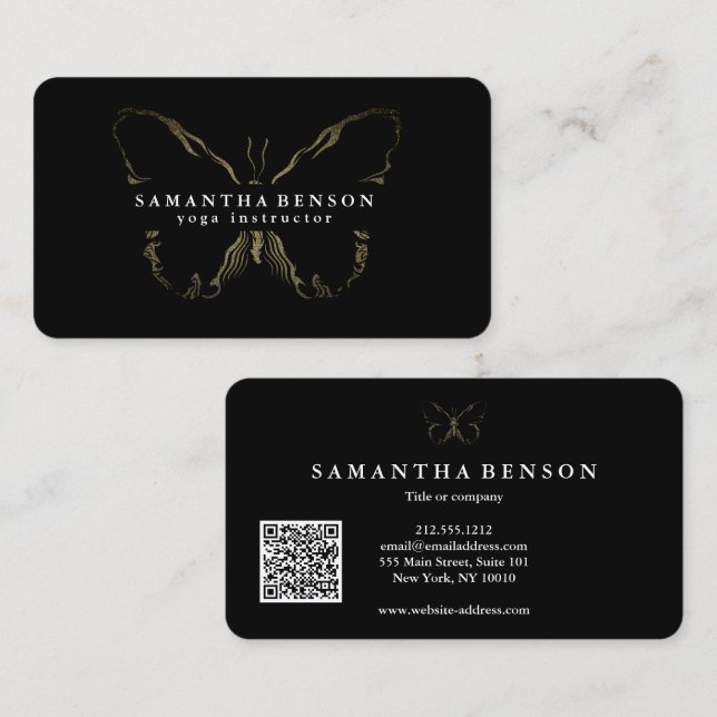 Elegant Modern Butterfly black gold QR code script Business Card (Front/Back)