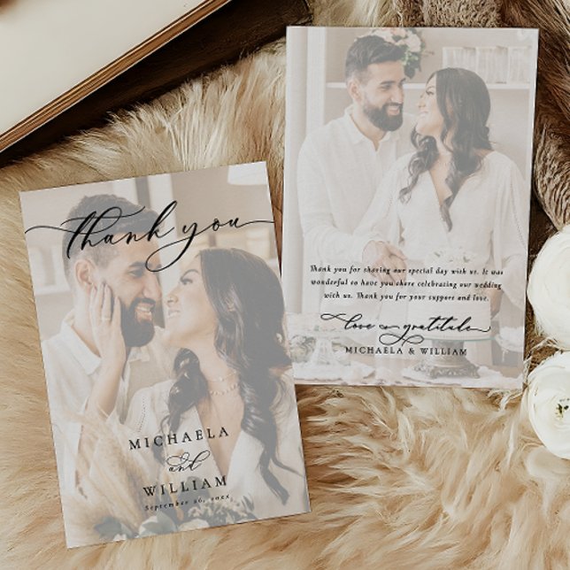 Elegant Modern Calligraphy 2-Photo Wedding Thank You Card (Creator Uploaded)