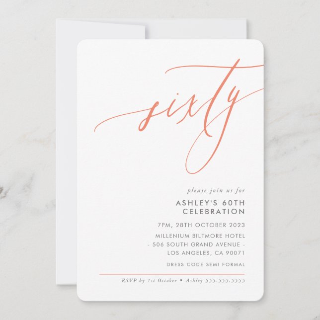 ELEGANT modern Calligraphy 60th party coral Invitation (Front)