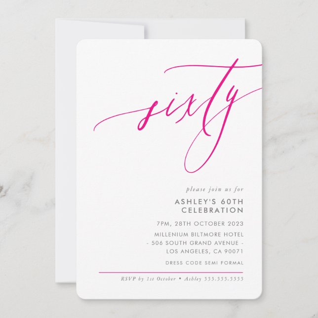 ELEGANT modern Calligraphy 60th party hot pink Invitation (Front)