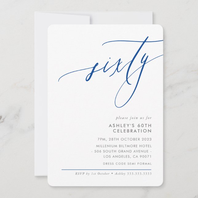 ELEGANT modern Calligraphy 60th party royal blue Invitation (Front)