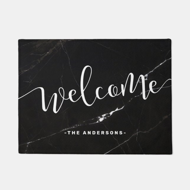 Elegant modern calligraphy black marble welcome doormat (Front)