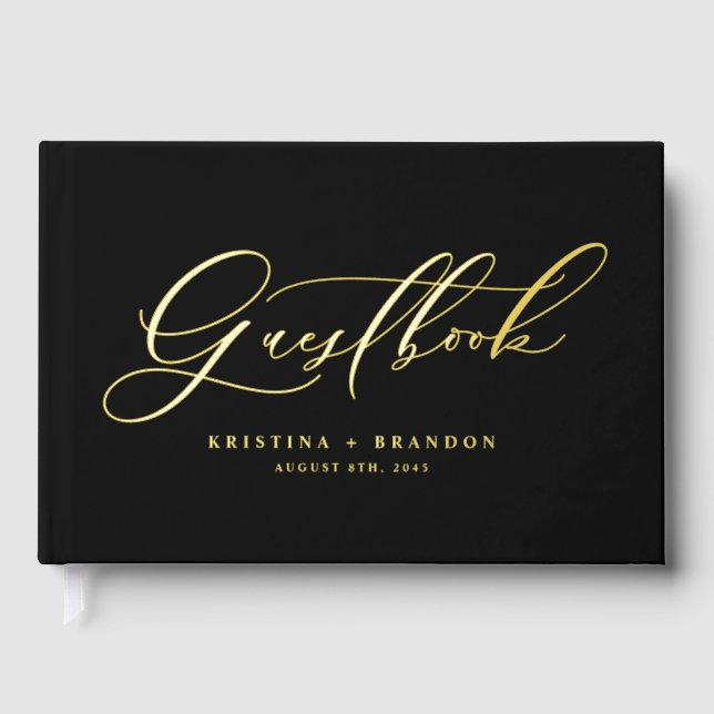 Elegant Modern Calligraphy Black Wedding Guest Book (Front)