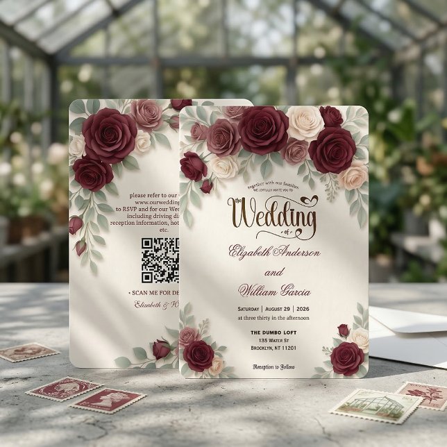 Elegant Modern Calligraphy Burgundy Rose QR Code Invitation (Creator Uploaded)