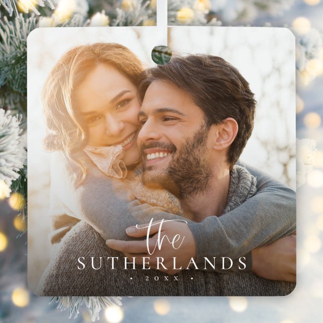 Elegant Modern Calligraphy Christmas Family Photo Metal Tree Decoration (Creator Uploaded)