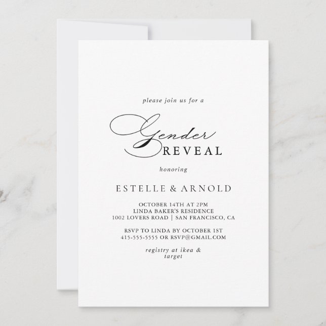 Elegant Modern Calligraphy Gender Reveal Party  Invitation (Front)