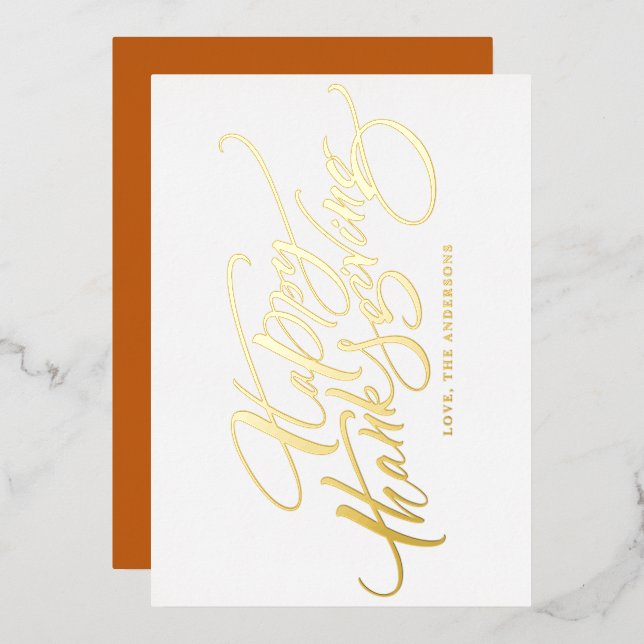 Elegant Modern Calligraphy Happy Thanksgiving Foil Holiday Card (Front/Back)