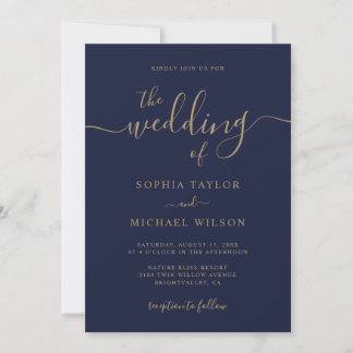 Elegant Modern Calligraphy Navy & Gold Wedding Invitation