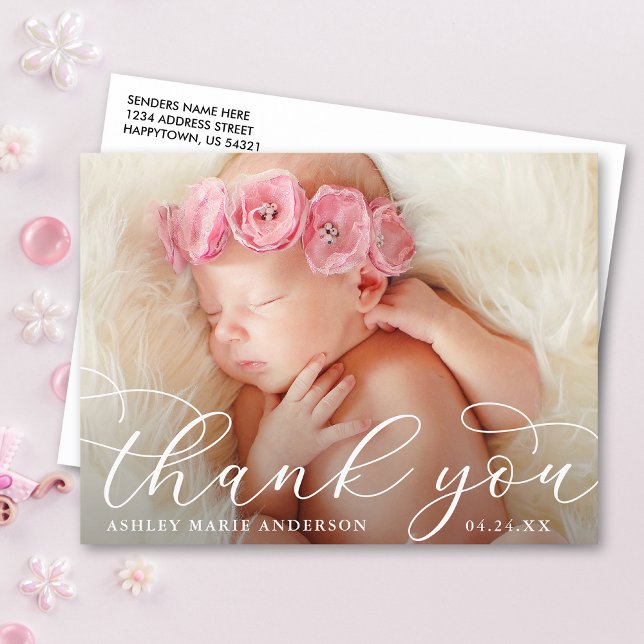 Elegant Modern Calligraphy New Baby Thank You Postcard (Customize to change your personalized text size or text style.)