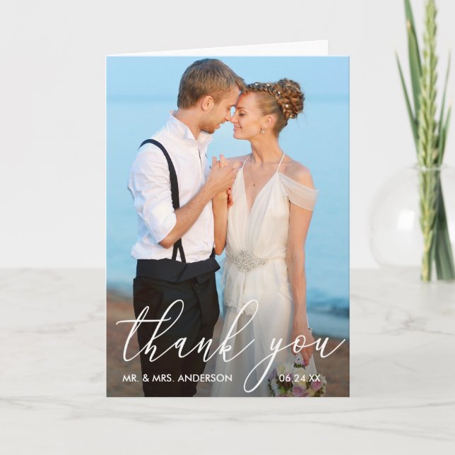 Elegant Modern Calligraphy Photo Wedding Fold Thank You Card (Front)