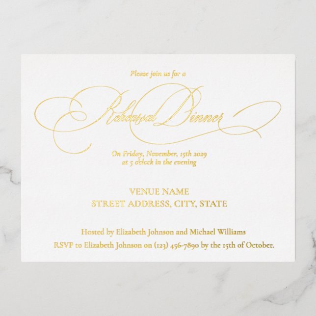 Elegant Modern Calligraphy Rehearsal Dinner Foil Invitation Postcard (Front)