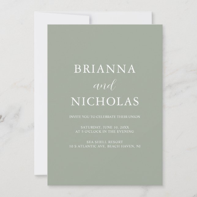 Elegant Modern Calligraphy Sage Green Wedding Invitation (Front)