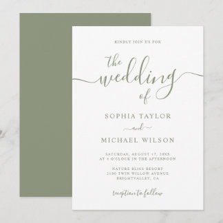 Elegant Modern Calligraphy Sage Green Wedding Invitation