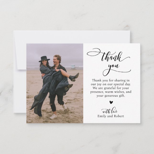 Elegant Modern Calligraphy Script Photo Wedding Thank You Card (Front)