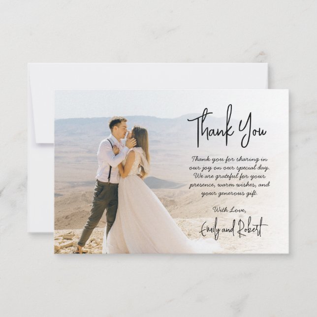 Elegant Modern Calligraphy Script Photo Wedding Thank You Card (Front)