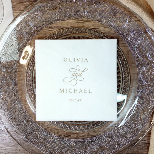 Elegant Modern Calligraphy Script Wedding Gold Foil Napkins (Elegant classic calligraphy gold foil wedding napkins - bride and groom - personalized)