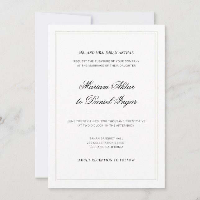 Elegant Modern Calligraphy Script White Wedding Invitation (Front)