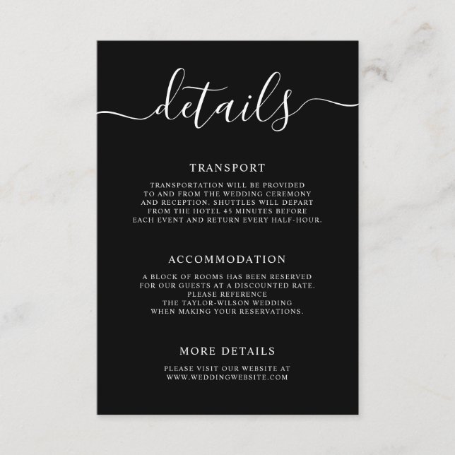 Elegant Modern Calligraphy Wedding Details Enclosure Card (Front)