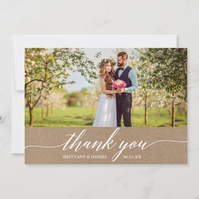Elegant Modern Calligraphy Wedding Kraft Thank You Card (Front)