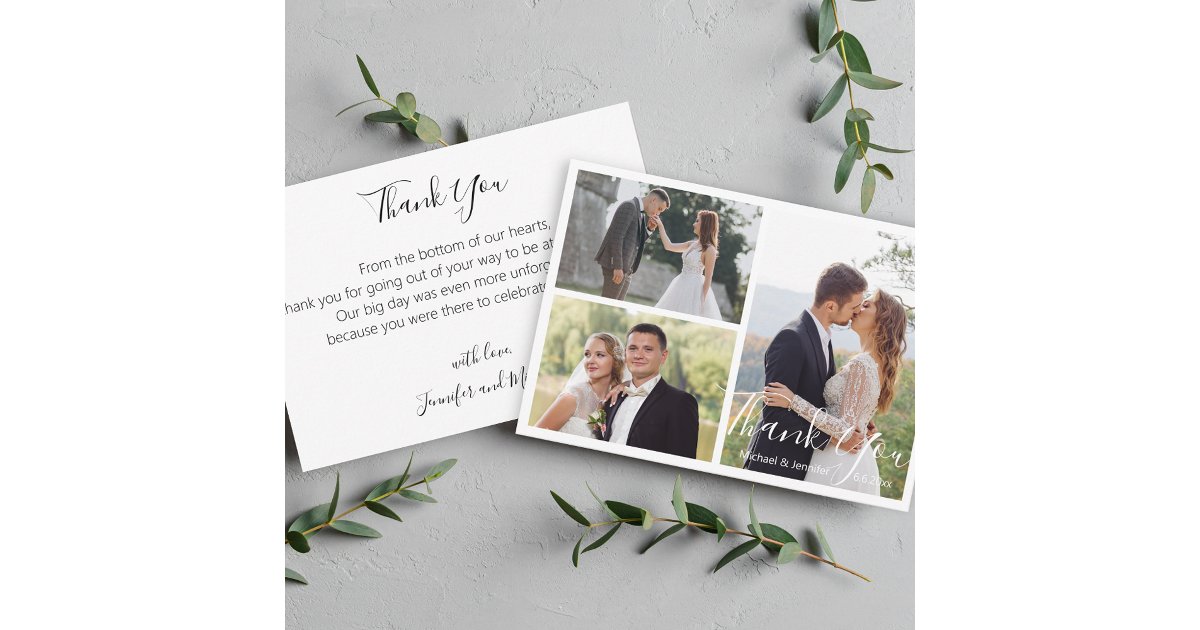 elegant modern calligraphy wedding photo collage thank you card | Zazzle
