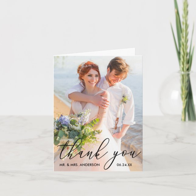 Elegant Modern Calligraphy Wedding Photo Note Thank You Card (Front)