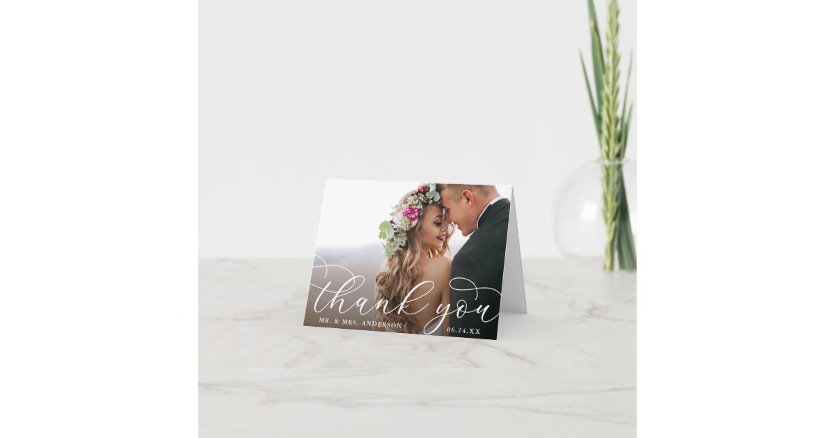 Elegant Modern Calligraphy Wedding Photo Note Thank You Card | Zazzle