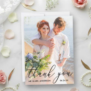 Elegant Modern Calligraphy Wedding Photo Thank You Card