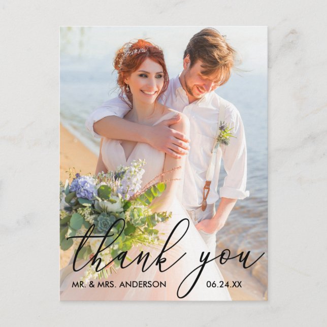 Elegant Modern Calligraphy Wedding Photo Thank You Postcard (Front)