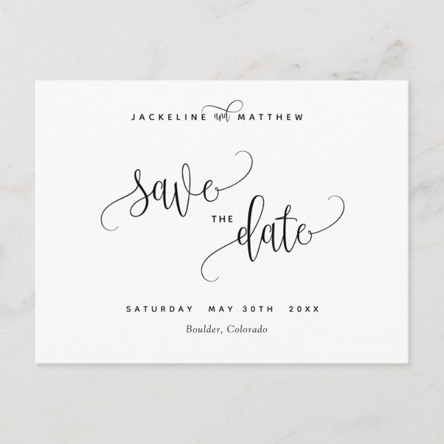 Elegant Modern Calligraphy Wedding Save the Date Postcard (Front)
