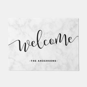 Elegant modern calligraphy white marble welcome doormat