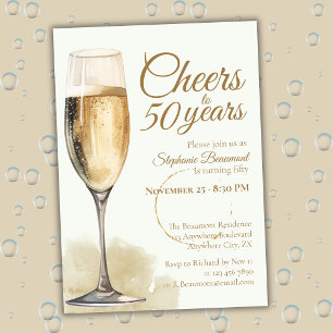Elegant Modern Champagne Cheers 50th Birthday Invitation
