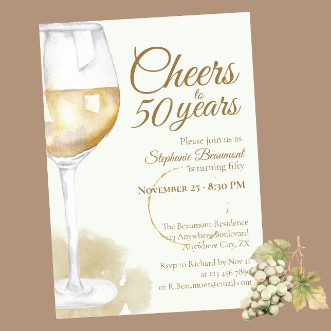 Elegant Modern Cheers White Wine 50th Birthday Invitation (Creator Uploaded)