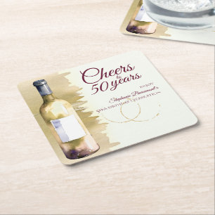 Elegant Modern Cheers White Wine 50th Birthday Square Paper Coaster