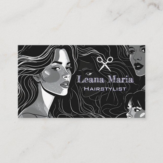 Elegant Modern/Chic Black and White Hair Salon Business Card (Front)