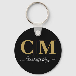 Elegant Modern Chic Black Gold Business Monogram Key Ring